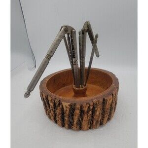 Solid Tree Bark Nut Bowl with HMQ 2 Nutcracker & 4 picks Wood Food Vintage